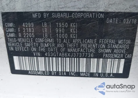 2018 Subaru Impreza 2.0I Premium from USA, damaged, VIN 4S3GTAB6XJ3737736